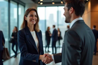Deux dirigeants d'entreprise échangeant une poignée de main lors d'un événement de networking B2B professionnel