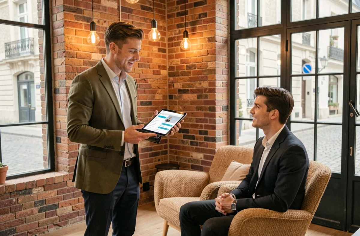 Consultant de NextGen RH présentant une plateforme de recrutement numérique dans un espace de coworking moderne en Nouvelle-Aquitaine