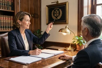 Notaire femme expliquant le logo des notaires à un client lors d'un rendez-vous dans un bureau traditionnel