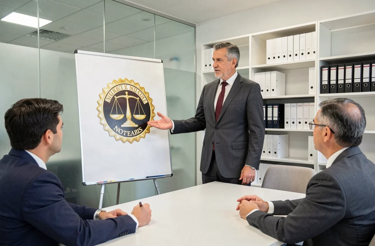 Notaire homme présentant le logo officiel des notaires devant un panneau explicatif lors d'une réunion client