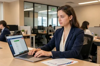 Nouvelle employée Air France consultant l'intranet de l'entreprise sur un ordinateur portable au bureau