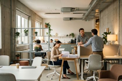 Équipe de trois collègues travaillant dans un open space moderne avec mobilier abordable et décoration minimaliste