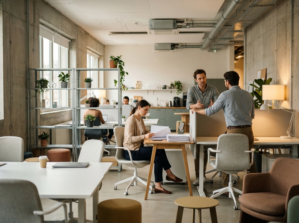 Équipe de trois collègues travaillant dans un open space moderne avec mobilier abordable et décoration minimaliste