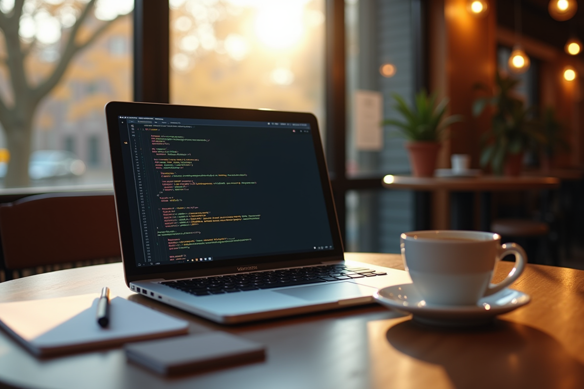 Ordinateur portable avec code C ouvert sur une table de café chaleureux
