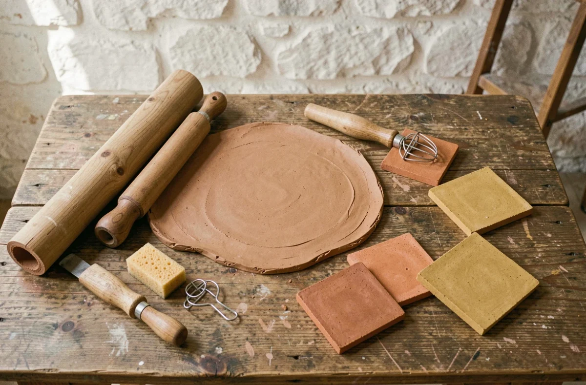Vue de dessus d'outils de poterie et de plaques de terre cuite brute disposés sur une table en chêne dans un atelier artisanal