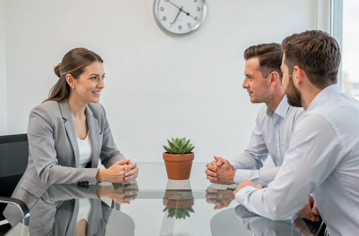 Consultante de Page Personnel conduisant un entretien de recrutement structuré avec un candidat dans une salle professionnelle