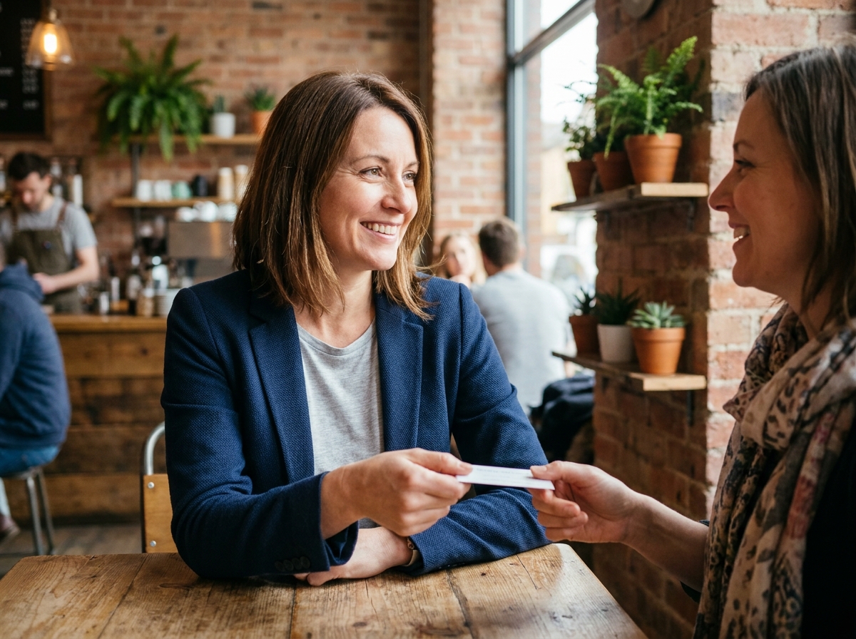 Deux femmes échangent une carte de parrainage dans un café, illustrant le bouche-à-oreille et le programme de recommandation client