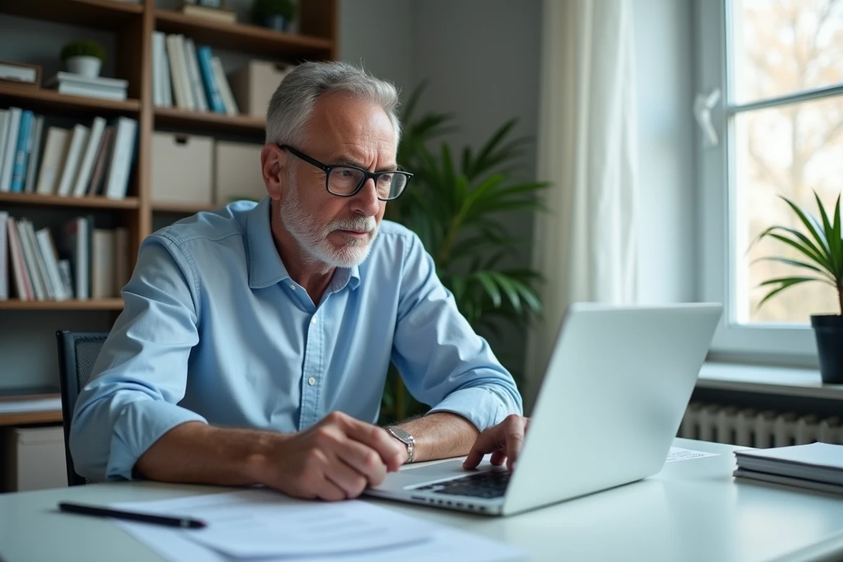 Particulier employeur remplissant sa déclaration URSSAF en ligne pour un service à la personne depuis son bureau