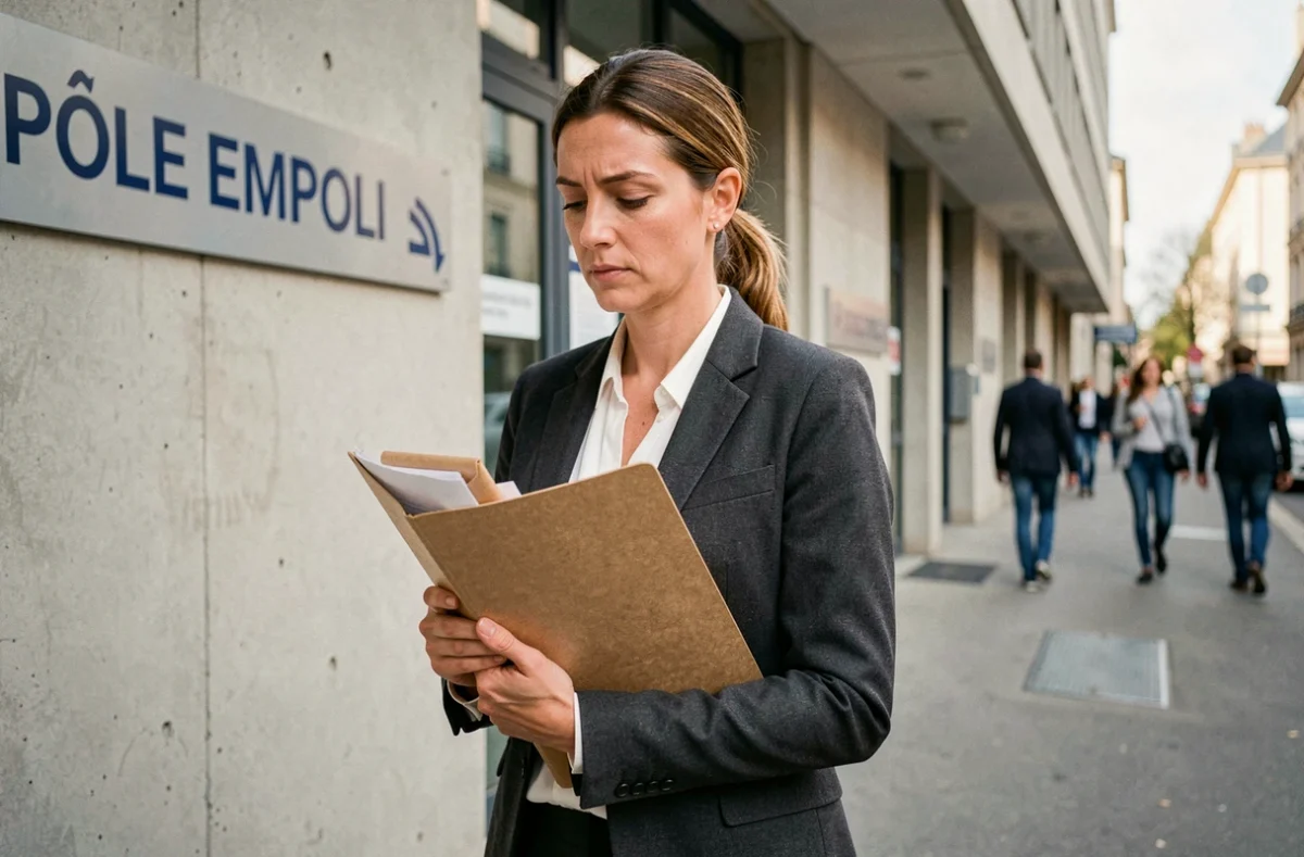 Femme se rendant à Pôle Emploi après un licenciement pour faute grave, tenant ses documents administratifs devant une agence pour l'emploi