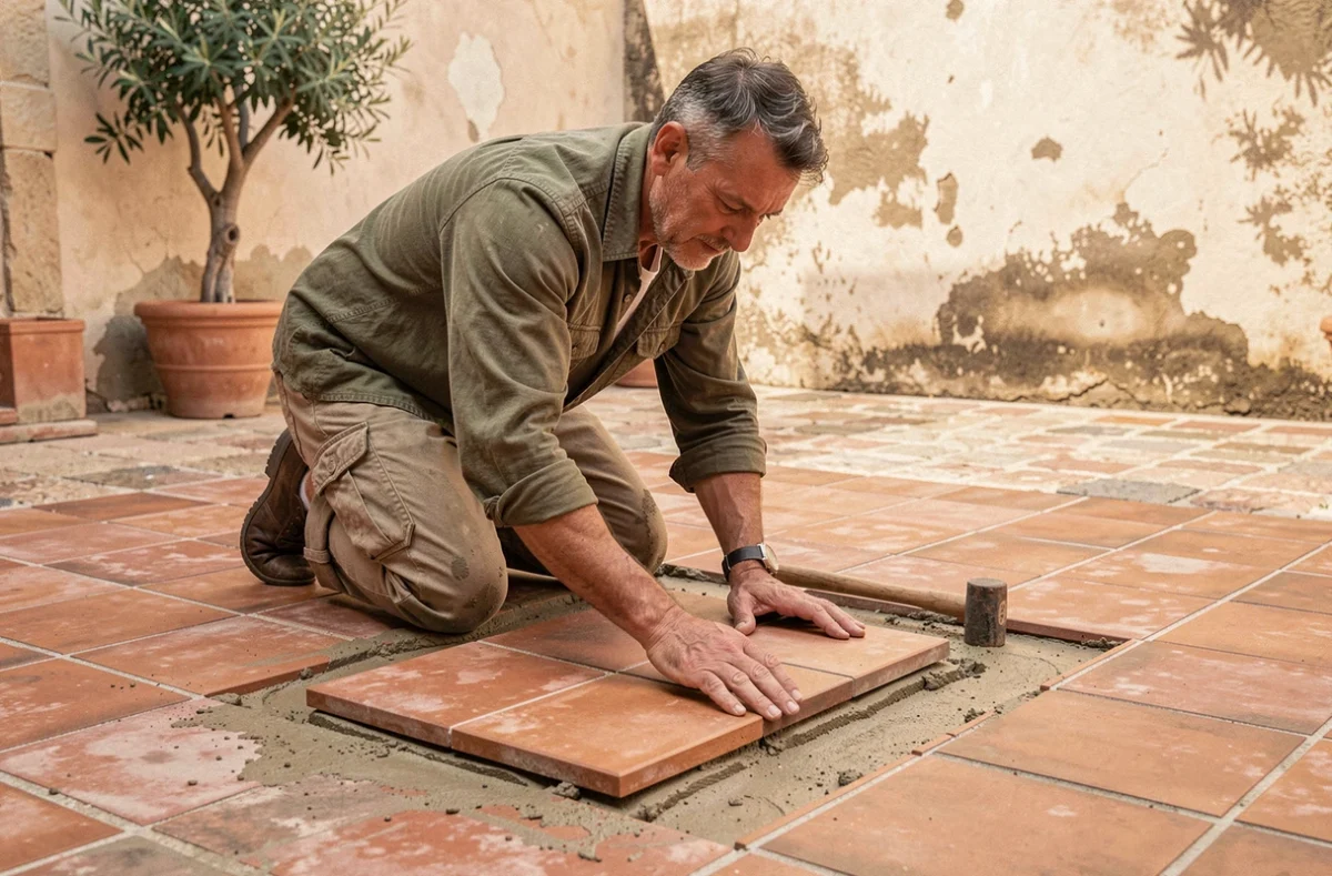 Artisan posant des carreaux en terre cuite faits main dans une cour intérieure de style méditerranéen