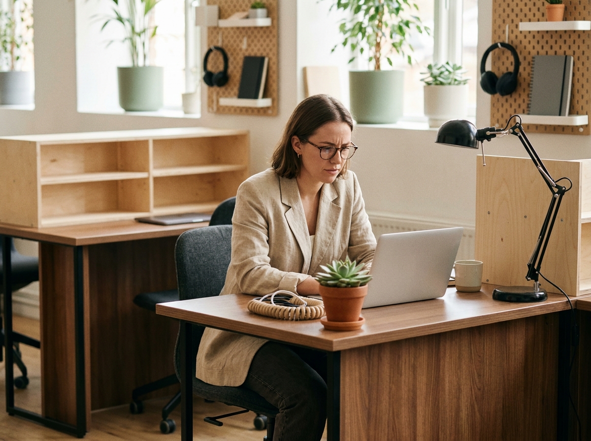 Femme concentrée à son poste de travail dans un open space aménagé avec des solutions économiques et pratiques