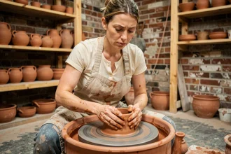 Potière en tablier de lin façonnant un pot en terre cuite sur un tour de poterie dans un atelier artisanal rustique