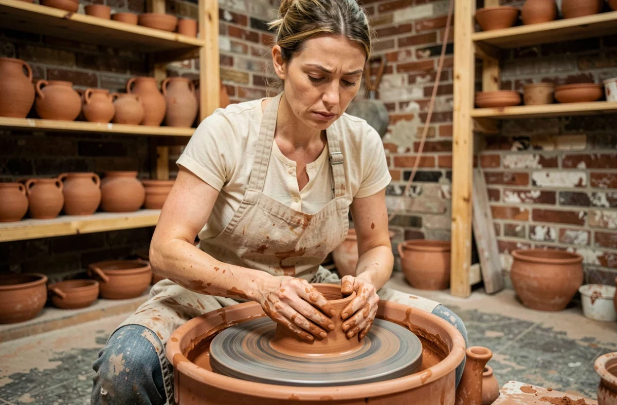 Potière en tablier de lin façonnant un pot en terre cuite sur un tour de poterie dans un atelier artisanal rustique