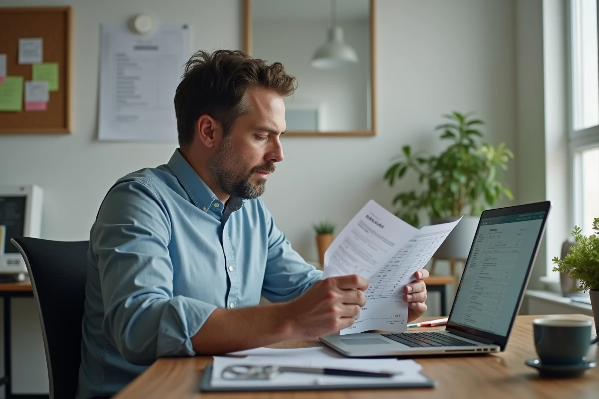 Salarié préparant sa demande d'augmentation annuelle en consultant des documents et un ordinateur portable