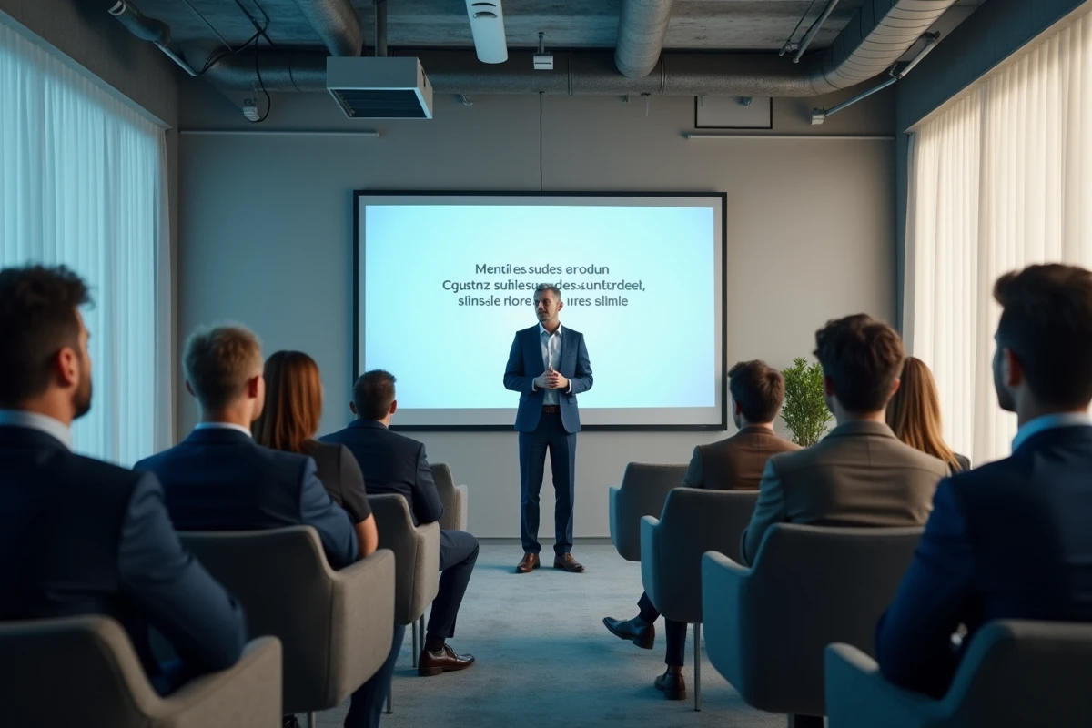 Homme présentant à un groupe de collègues lors d'un séminaire en entreprise, avec un écran affichant du vocabulaire managérial en français