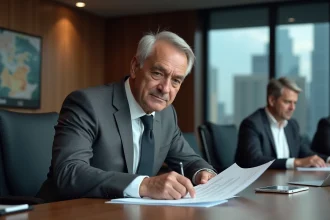 Président du directoire en réunion stratégique dans une salle de conseil moderne avec vue sur la ville