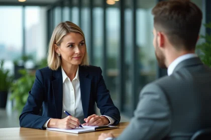 Commerciale en phase de découverte prenant des notes face à un prospect en réunion dans un bureau moderne