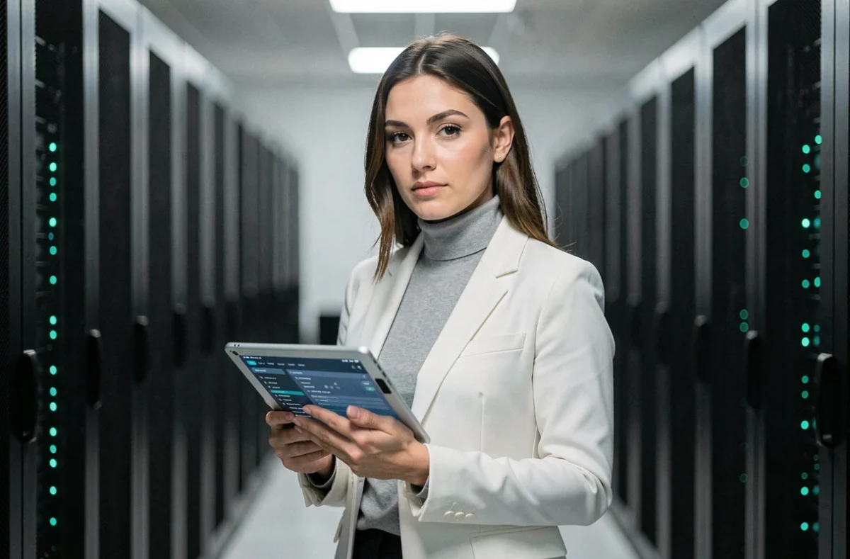 Professionnelle en cybersécurité tenant une tablette dans une salle de serveurs avec rangées de baies informatiques