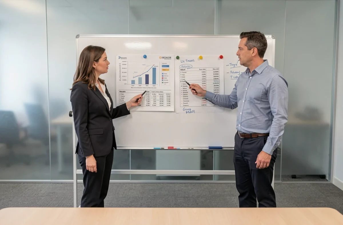 Deux professionnels analysant des tableaux de prix business affichés sur un tableau blanc en salle de réunion