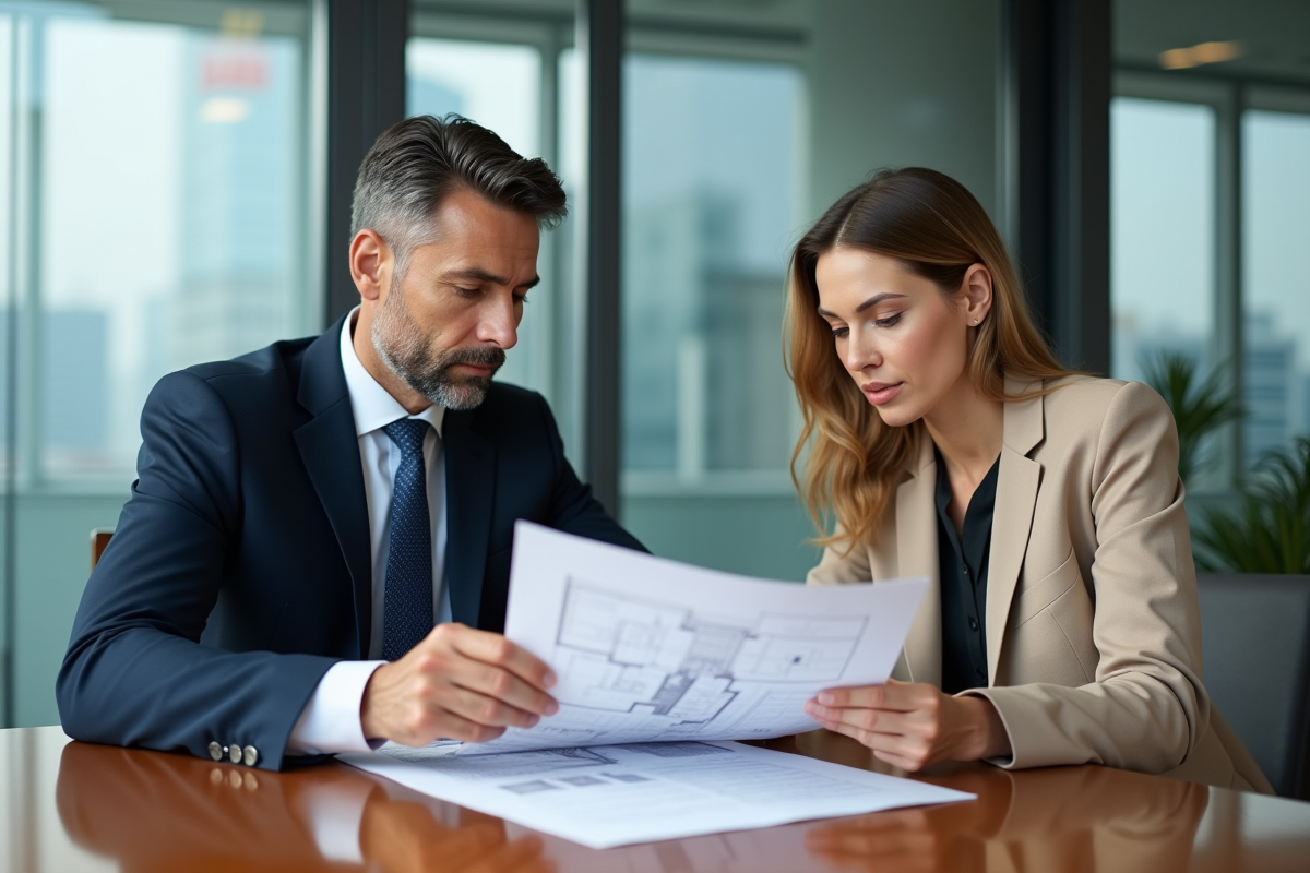 Deux professionnels en réunion avec plans et documents