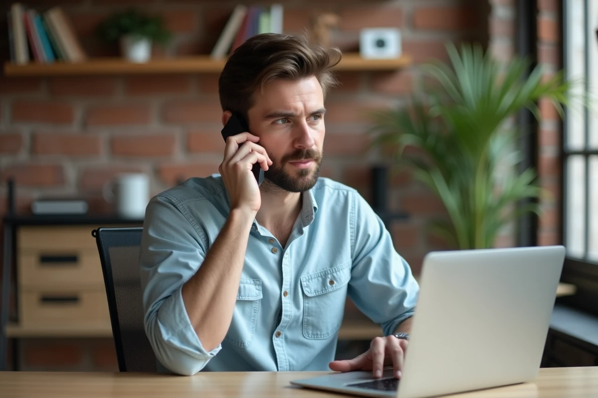 Professionnel qualifiant un prospect par téléphone depuis un espace de coworking moderne