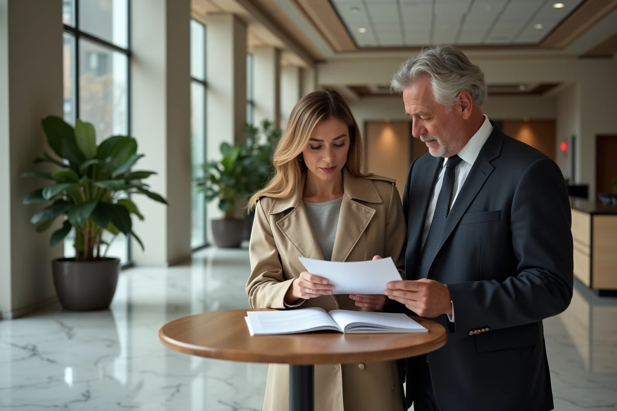 Deux professionnels analysant des documents pour qualifier un prospect lors d'un rendez-vous commercial dans un hall d'entreprise