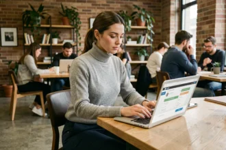 Jeune femme réservant une table dans un espace de coworking moderne depuis son ordinateur portable