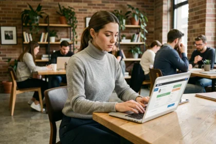 Jeune femme réservant une table dans un espace de coworking moderne depuis son ordinateur portable