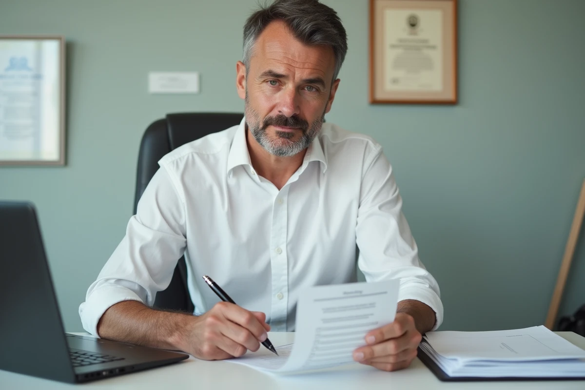 Responsable administratif d'une organisation à but non lucratif annotant une liste de contrôle de conformité réglementaire dans un bureau officiel
