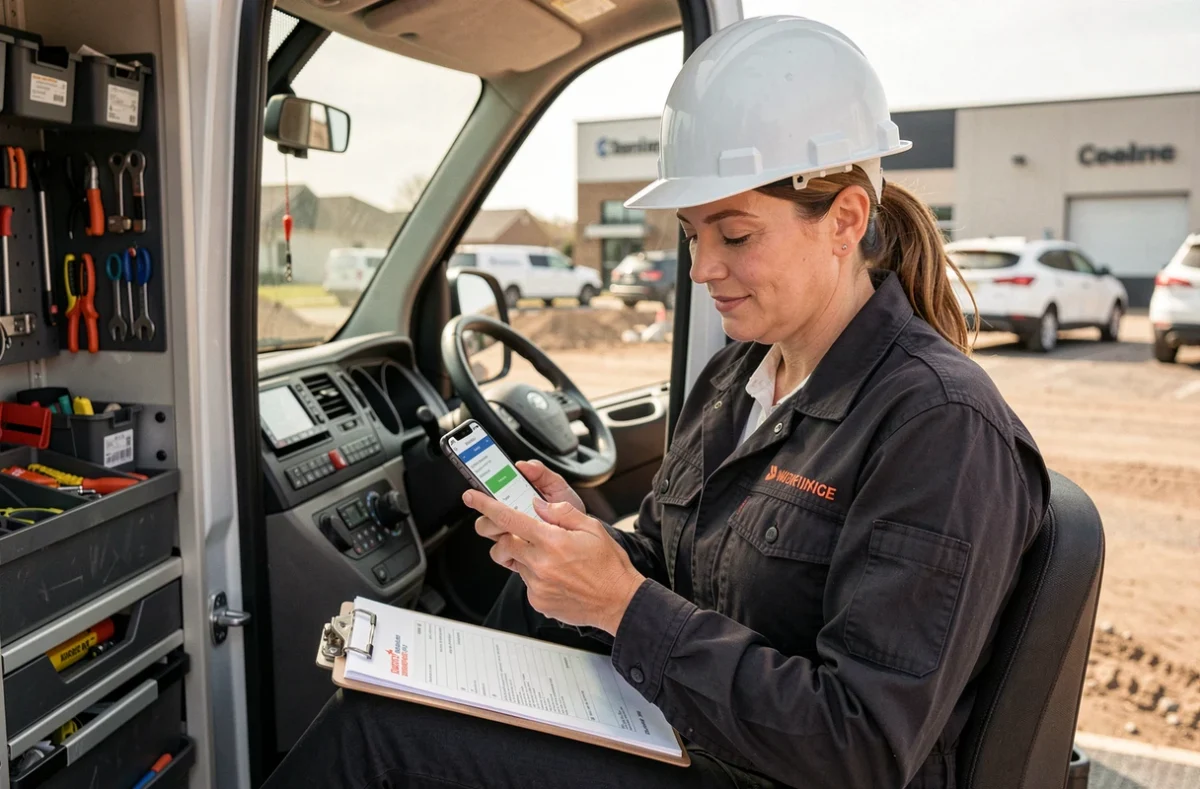 Responsable terrain consultant l'application mobile de GMAO dans un véhicule de service pour planifier les interventions