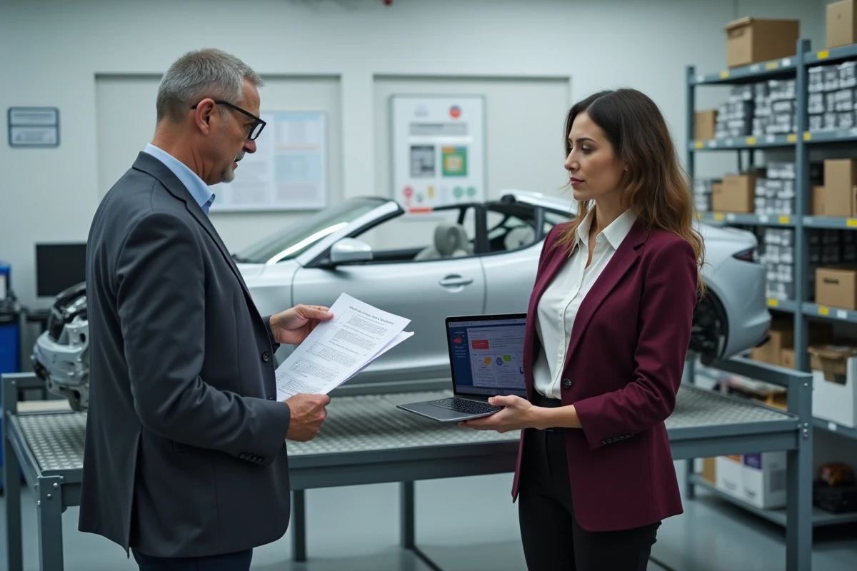 Deux responsables qualité automobile examinant un rapport d'audit qualité et un logiciel de gestion des processus dans une salle de contrôle