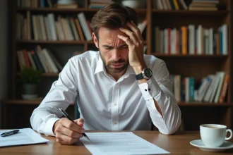 Homme stressé relisant un devis signé à son bureau à domicile avant de se rétracter