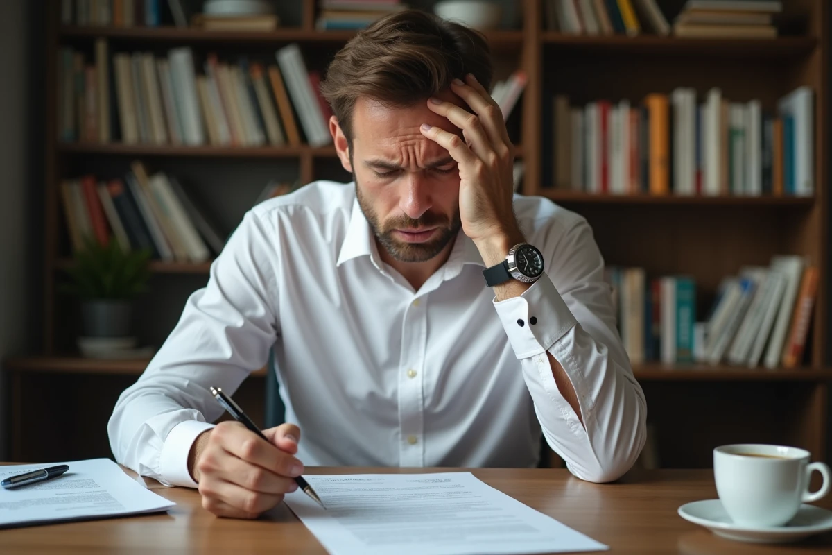 Homme stressé relisant un devis signé à son bureau à domicile avant de se rétracter