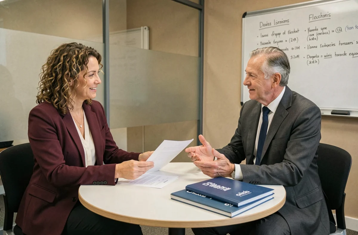 Réunion de conseil entre un consultant et un représentant d'une société de portage salarial à Agen