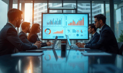 Réunion d'affaires moderne avec équipe diverse analysant des graphiques