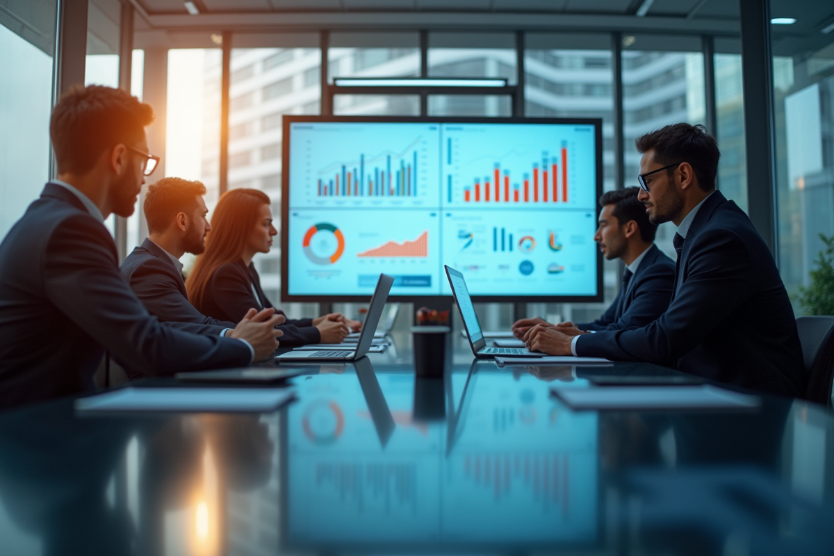 Réunion d'affaires moderne avec équipe diverse analysant des graphiques