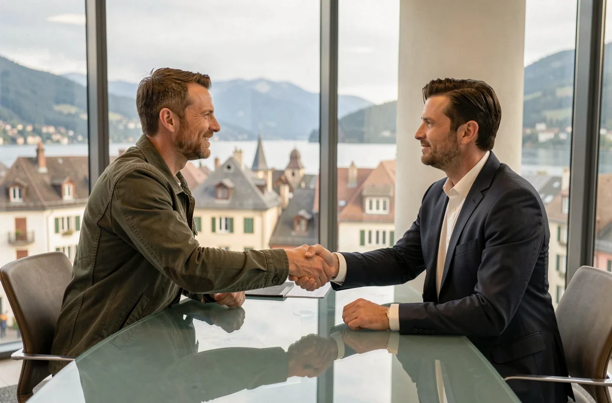 Entrepreneur et conseiller en domiciliation d'entreprise lors d'une réunion dans un bureau avec vue sur Annecy en Haute-Savoie