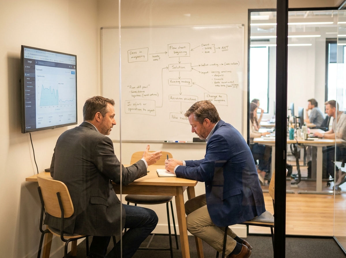 Deux entrepreneurs en réunion dans une salle de réunion vitrée au sein d'un espace de coworking professionnel