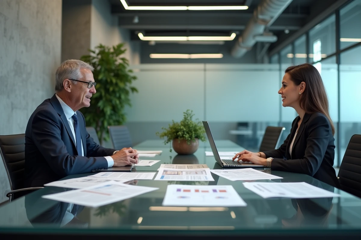 Réunion d'affaires entre investisseurs analysant une fiche société et des données d'entreprise sur table de conférence