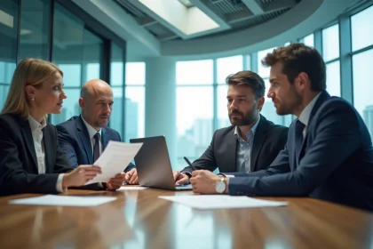 Réunion professionnelle dans une salle de conférence moderne pour évaluer la fiabilité d'une société business comme Tomirvibum LTD