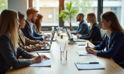 Groupe de professionnels en réunion dans un bureau lumineux