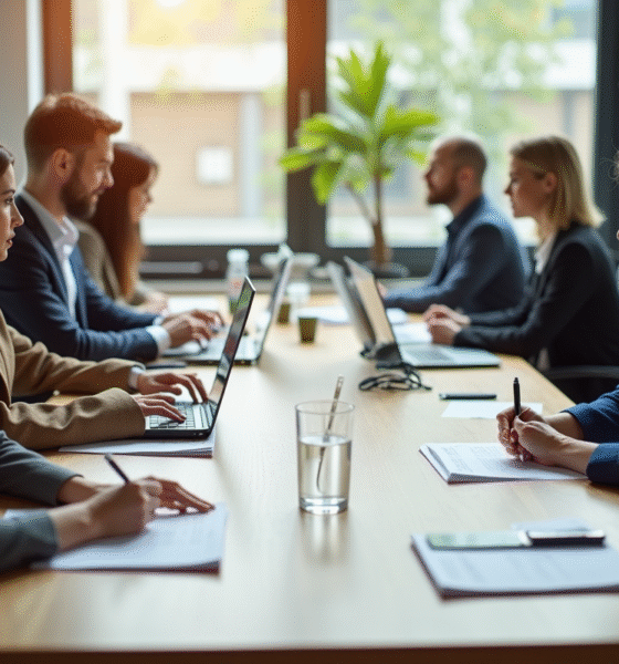 Groupe de professionnels en réunion dans un bureau lumineux