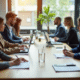 Groupe de professionnels en réunion dans un bureau lumineux
