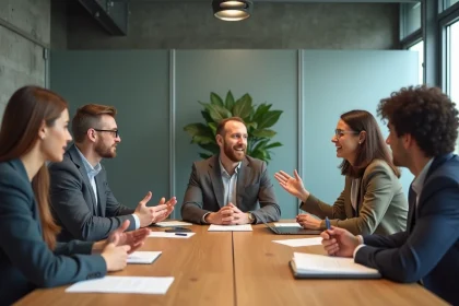Groupe de professionnels en réunion autour d'une table de conférence dans un bureau moderne, illustrant le travail collaboratif au sein d'une équipe