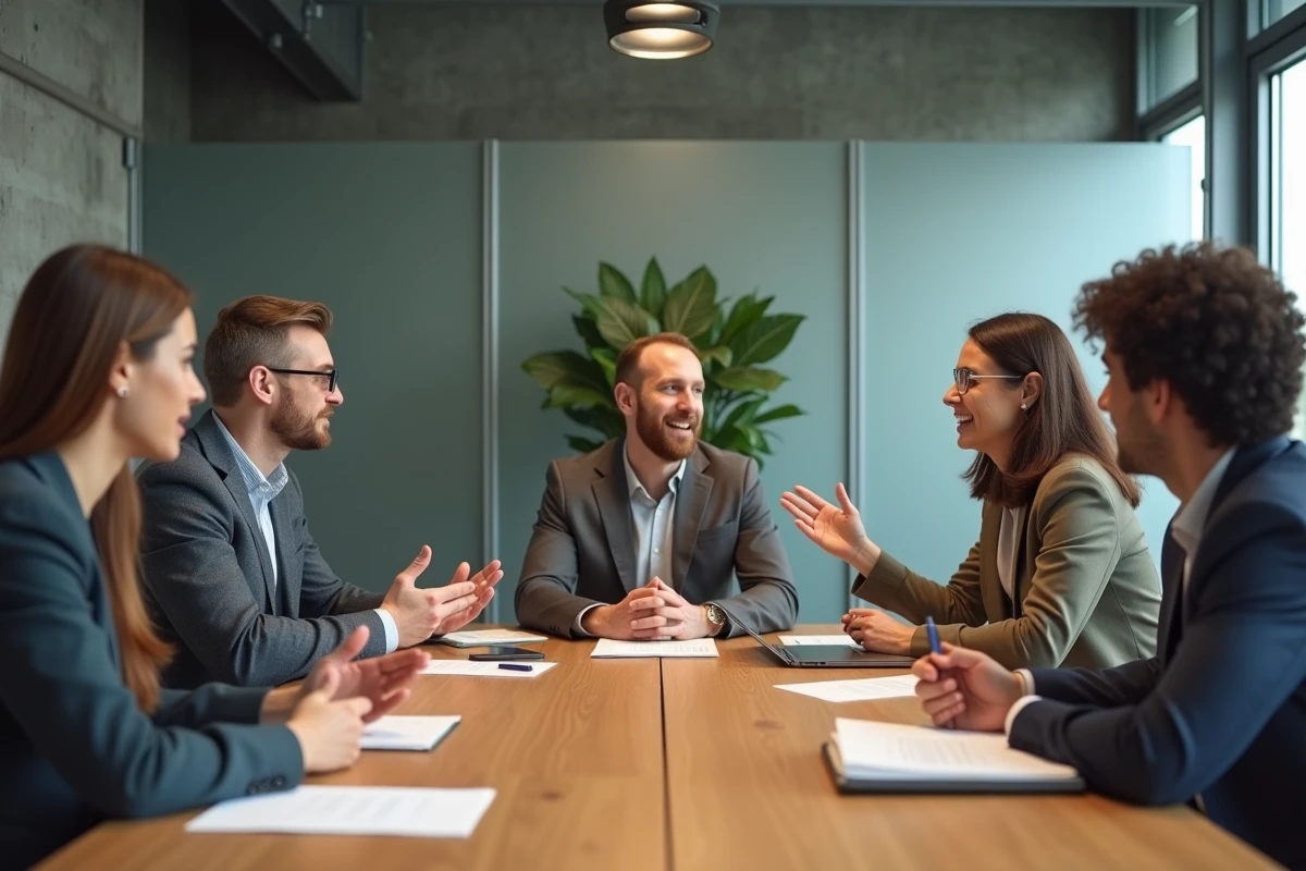 Groupe de professionnels en réunion autour d'une table de conférence dans un bureau moderne, illustrant le travail collaboratif au sein d'une équipe