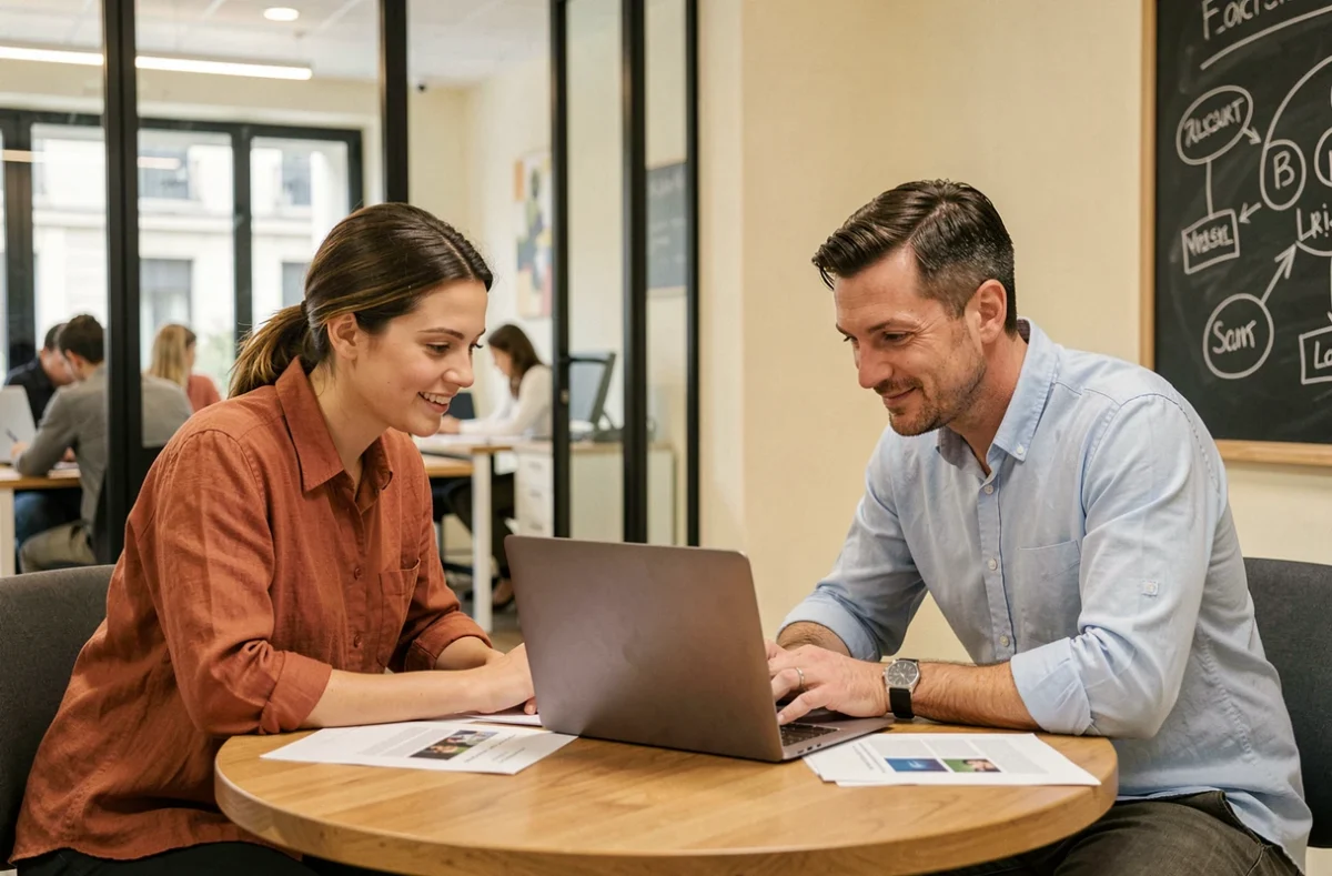 Deux professionnels en réunion dans une salle vitrée d'un espace de coworking près de l'Opéra Garnier à Paris
