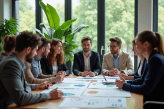 Groupe de professionnels discutant durabilite en réunion