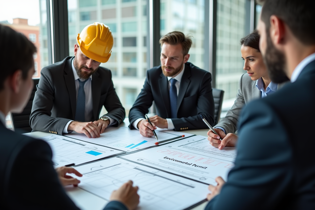 Réunion en intérieur avec professionnels examinant des plans urbains