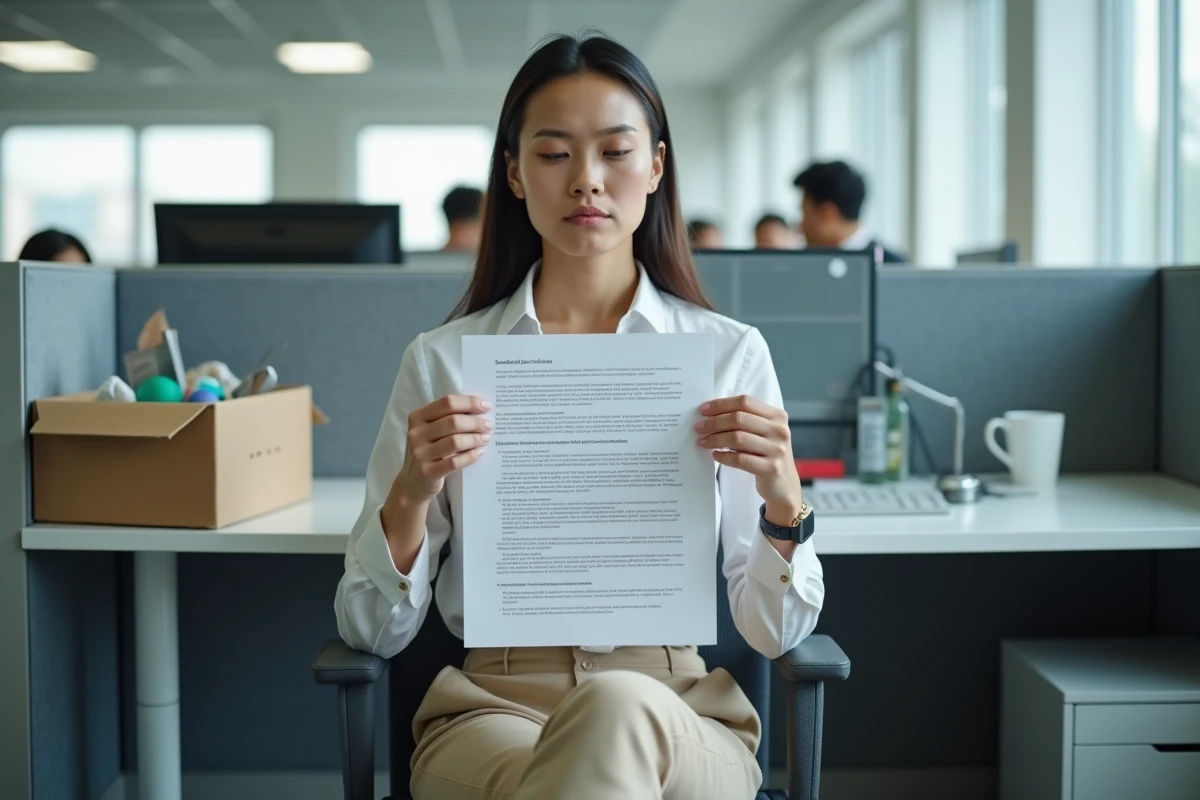 Salariée tenant une lettre de licenciement pour faute grave dans un bureau vidé, illustrant les conséquences de la rupture de contrat sans préavis
