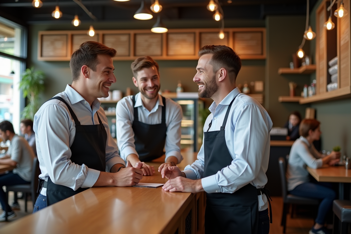 Groupe de travailleurs dans un café urbain en discussion